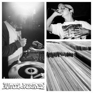 Black and white collage featuring three images: a DJ spinning vinyl on turntables, an MC rapping into a microphone, and a close-up of a record collection. "Anteek Recipes" text is stylized at the bottom.