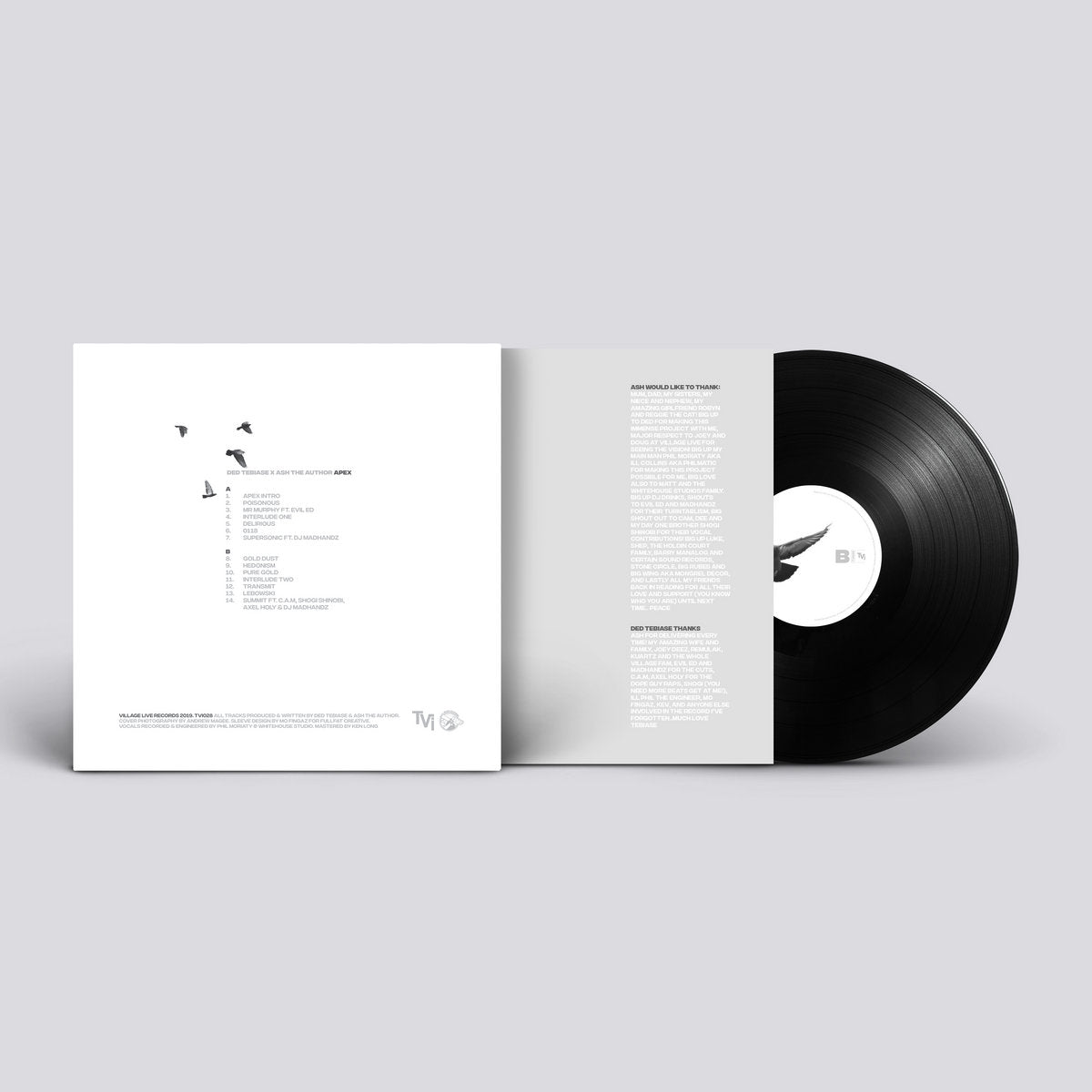 A black vinyl record with a matching monochrome gatefold sleeve, featuring a clean and modern design.
