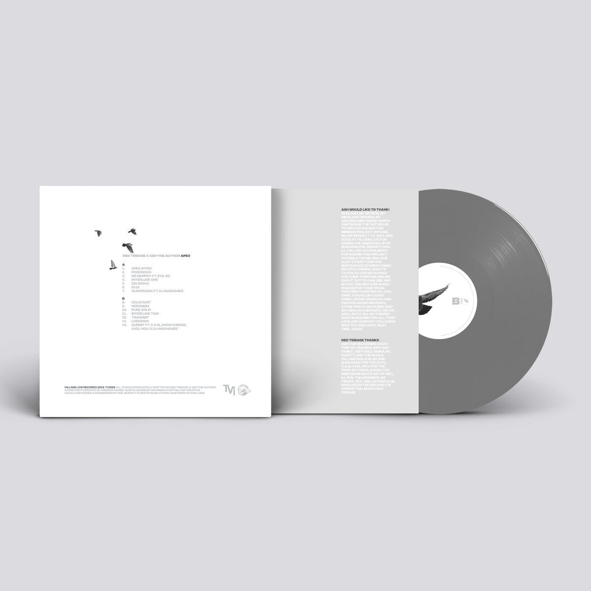 A minimalistic gray vinyl record and gatefold packaging with black and white design elements.