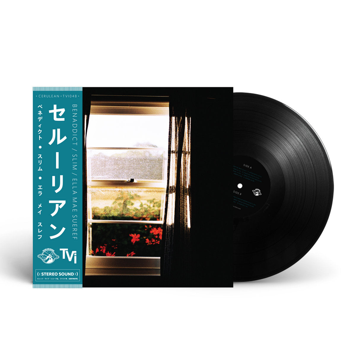 Black vinyl edition of Cerulean by Benaddict, Slim & Ella Mae Sueref, featuring Japanese-style obi strip and cover artwork of a window with flowers and sea view