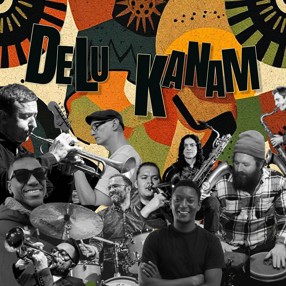 Collage of musicians with 'Delu Kanam' text against a colorful abstract background