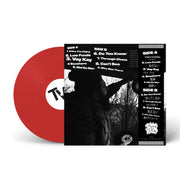 Back cover of Dirty Hairy's Pegs red vinyl LP, showing full tracklist and monochrome artwork with artist portrait and Japanese-style obi strip.