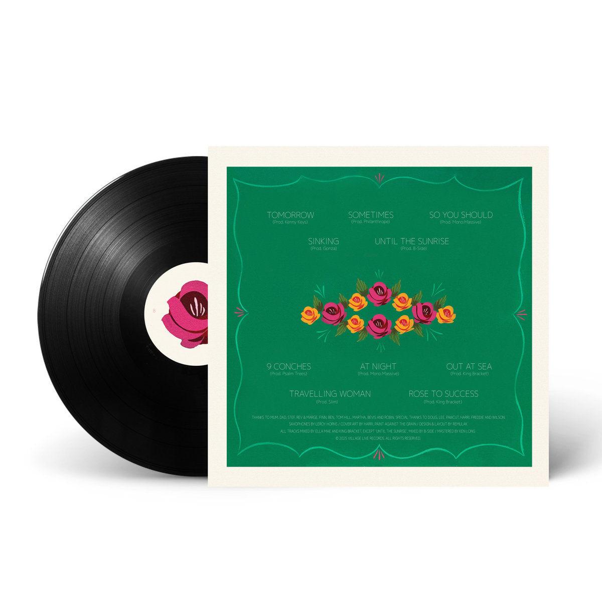 Ella Mae Sueref self-titled album on burgundy vinyl with green insert featuring floral artwork and tracklist.