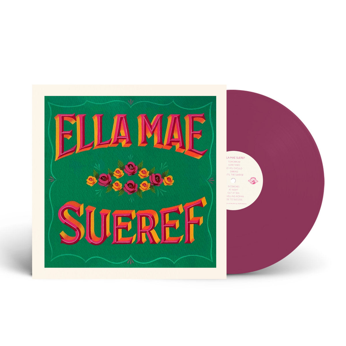 Ella Mae Sueref self-titled album on purple vinyl with green cover artwork featuring floral typography design.