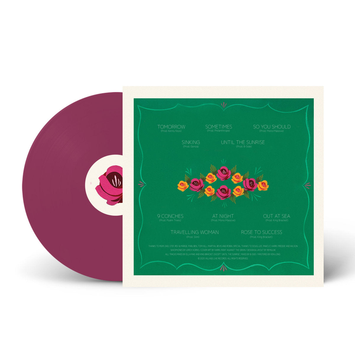 Ella Mae Sueref self-titled album on burgundy vinyl with green insert featuring floral artwork and tracklist.