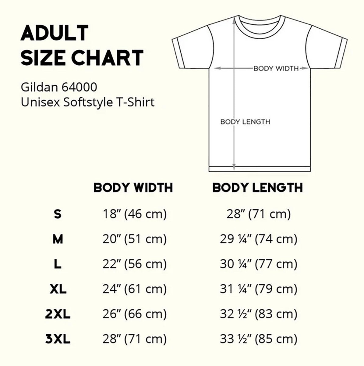 Gildan Softstyle unisex T-shirt size chart showing body width and length in inches and centimetres for sizes S to 3XL.