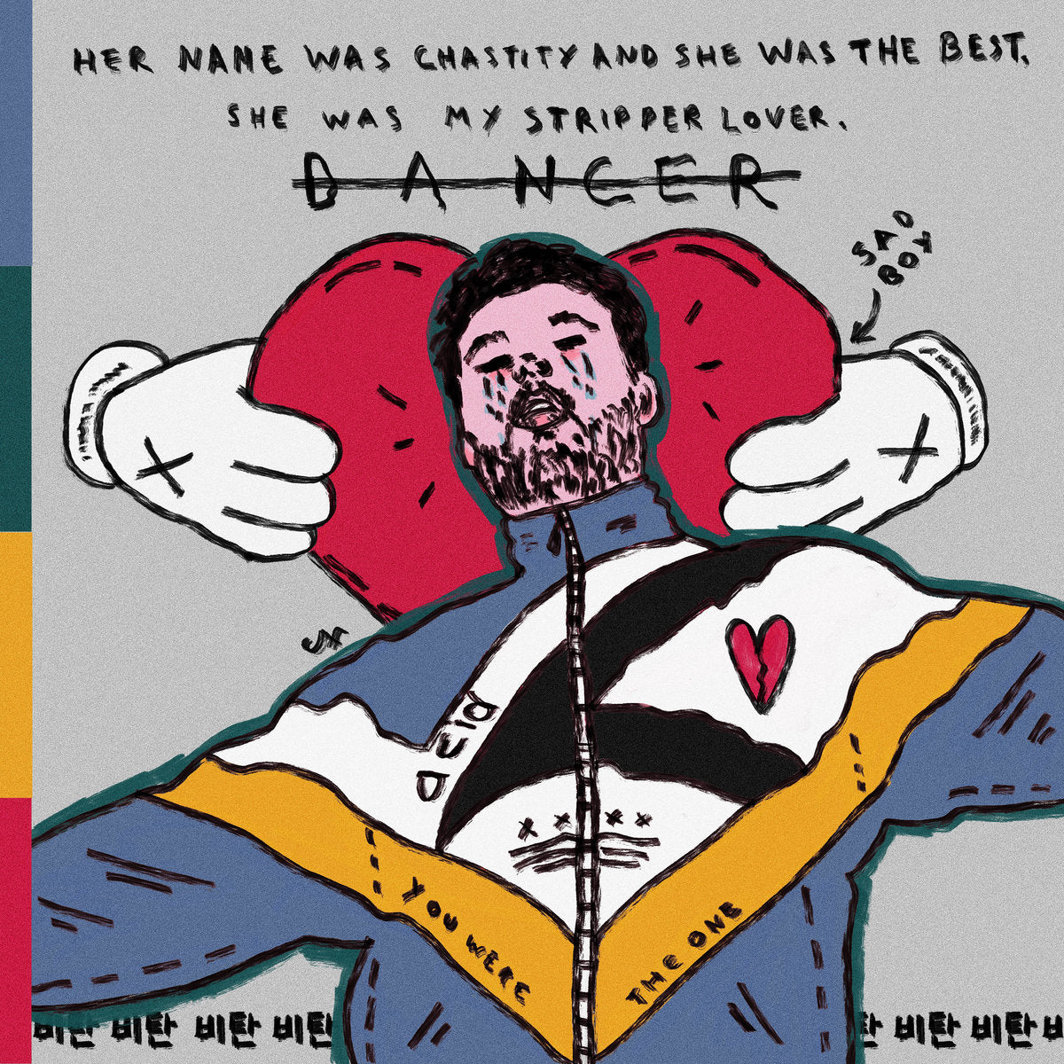 Hand-drawn digital illustration of a man lying down with a red boxing glove pillow, wearing a colorful tracksuit with a heart emblem. The artwork includes handwritten text and a raw, expressive style.



**Alt text:**  
Hand-drawn digital illustration of a man lying down with a red boxing glove pillow, wearing a colorful tracksuit with a heart emblem. The artwork includes handwritten text and a raw, expressive style.