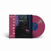 Vinyl record and sleeve for Klim Beats' Crystals album, featuring Japanese-style obi strip, moody urban artwork, and purple 12" record.
