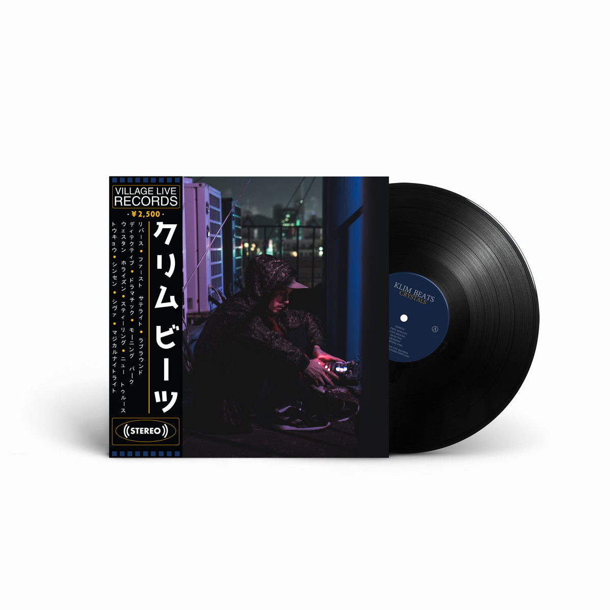 Vinyl record and sleeve for Klim Beats' Crystals album, featuring Japanese-style obi strip, moody urban artwork, and black 12" record.
