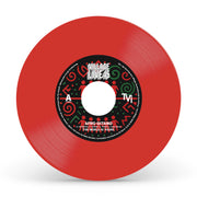 Red vinyl record with a black label on a white background