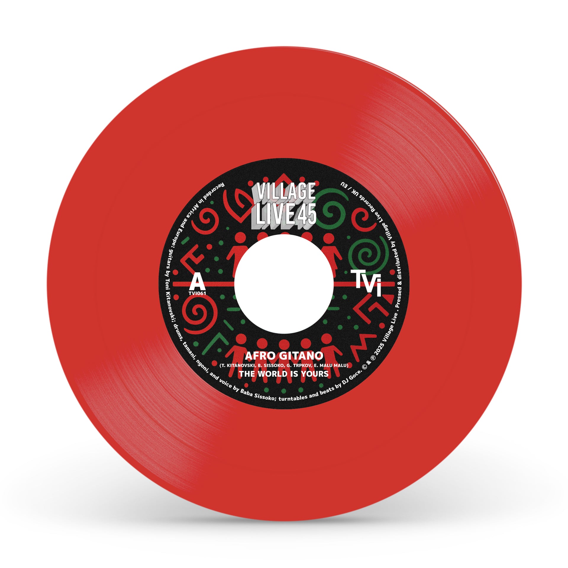 Red vinyl record with a black label on a white background