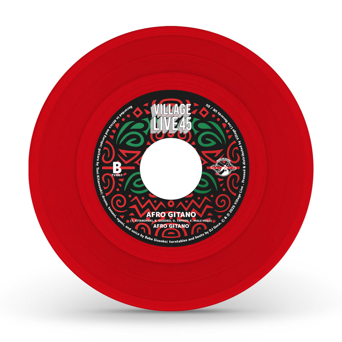 Red 7-inch vinyl record showing the B-side label for Afro Gitano on Village Live Records