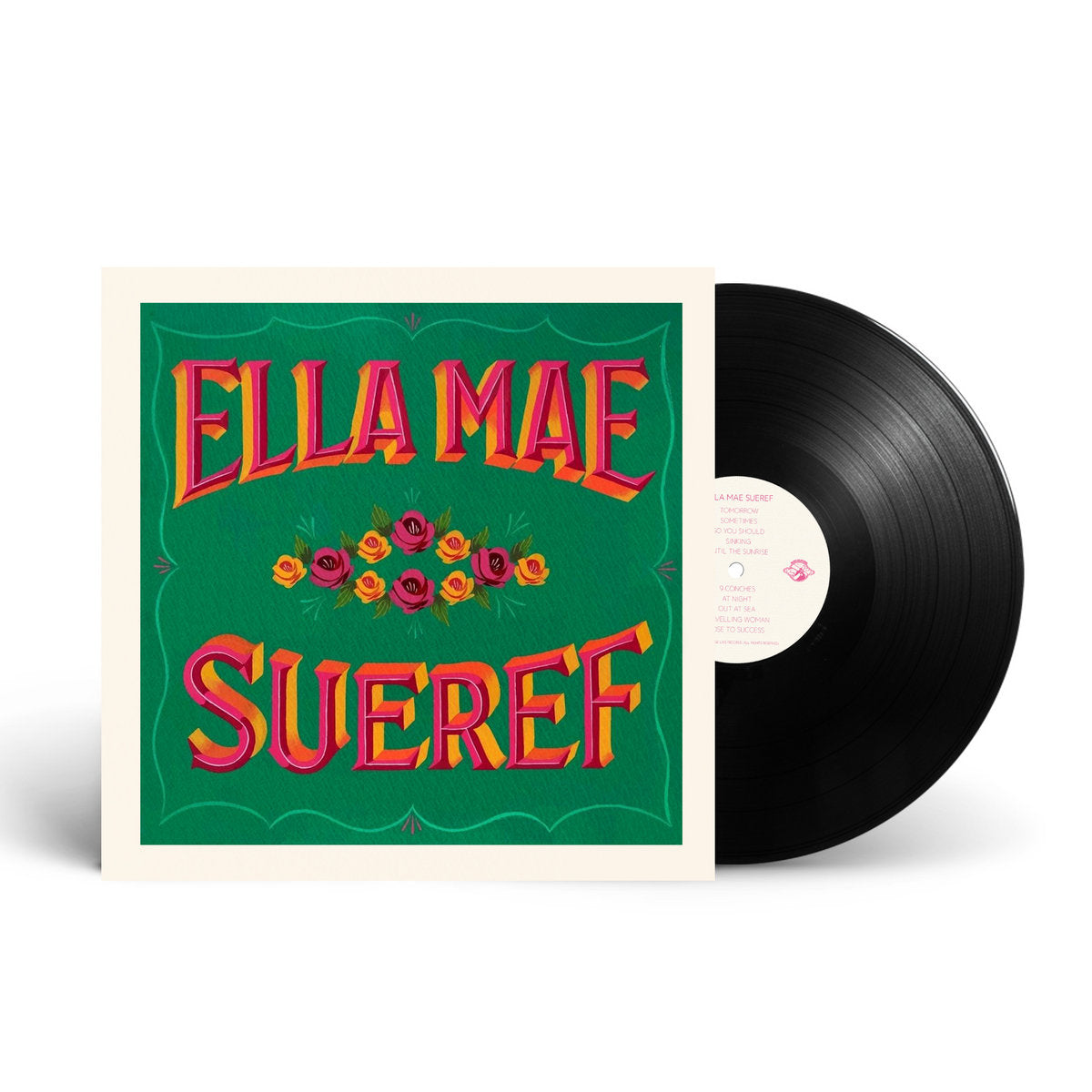 Ella Mae Sueref self-titled black vinyl LP – limited to 150 copies. Green album cover with red and gold text. Available from Village Live Records.