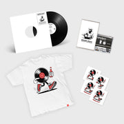 Reliable Sauce Volume One bundle featuring a vinyl record, white sleeve, cassette tape, booklet, T-shirt with a vinyl character design, and sticker sheets.